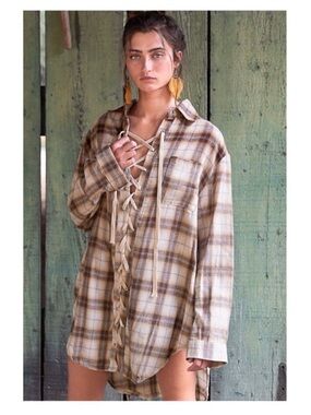 POL Plaid Lace Up Flannel Top Oversized Boho Shirt S
